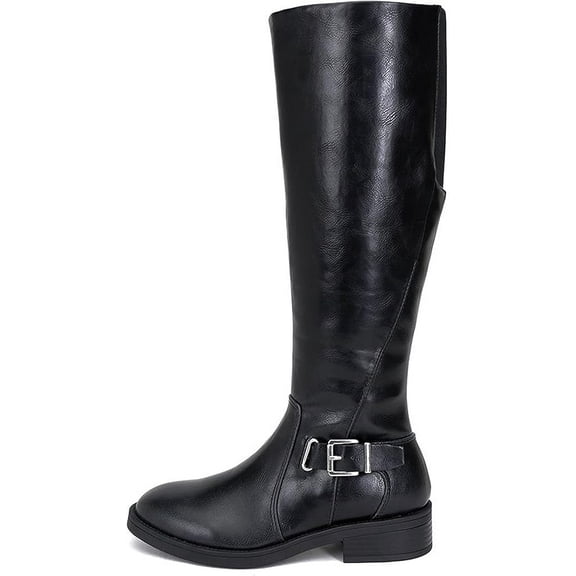 Women Round Toe Riding Boot Buckle Low Heel Knee-High Riding Boot with Side Zipper Nectar Soda