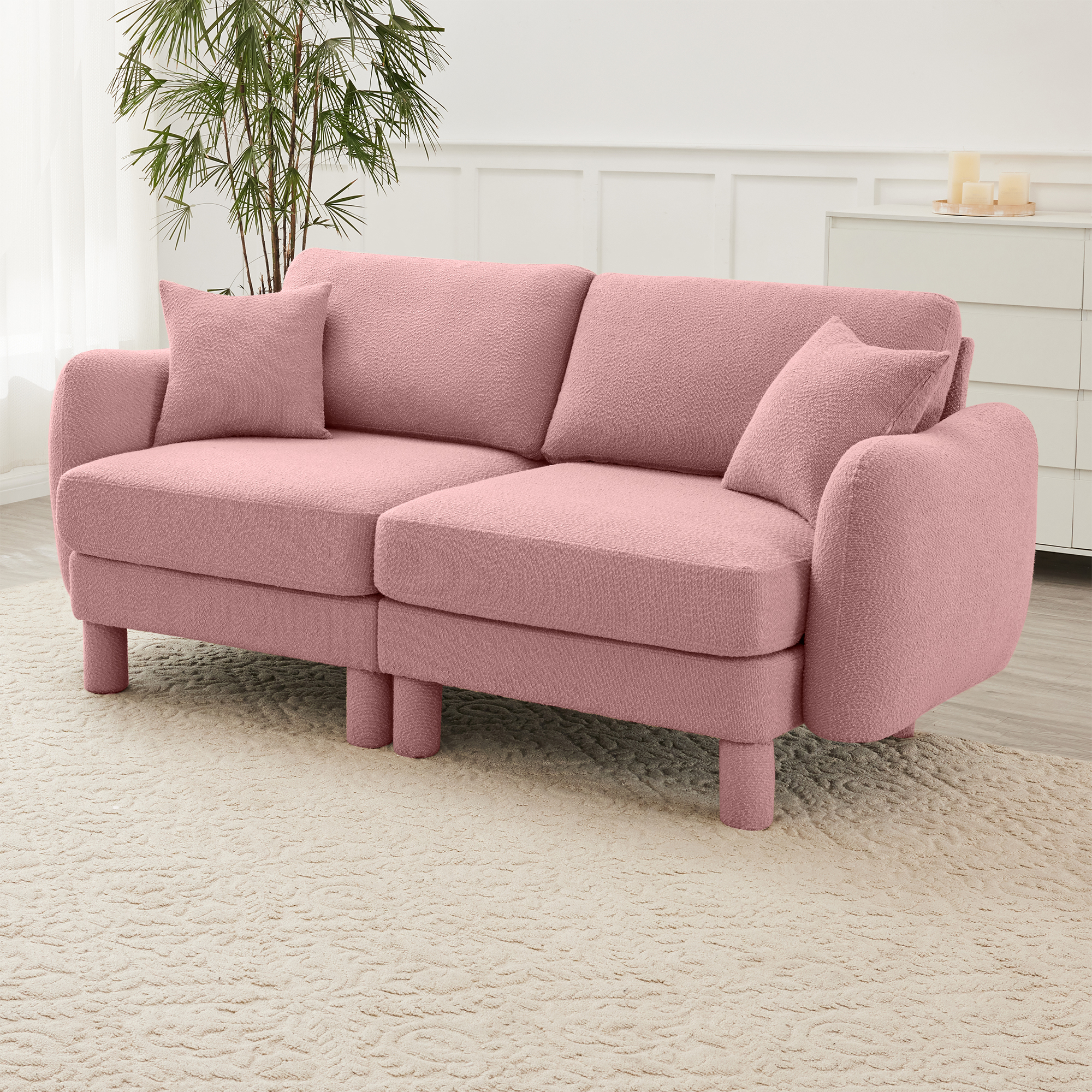 Gewnee Pink 2-Seater Boucle Loveseat with Shell Armrests & Fabric-Wrapped Cylindrical Legs - Ideal for Bedroom Reading Nook, Home Office Lounge