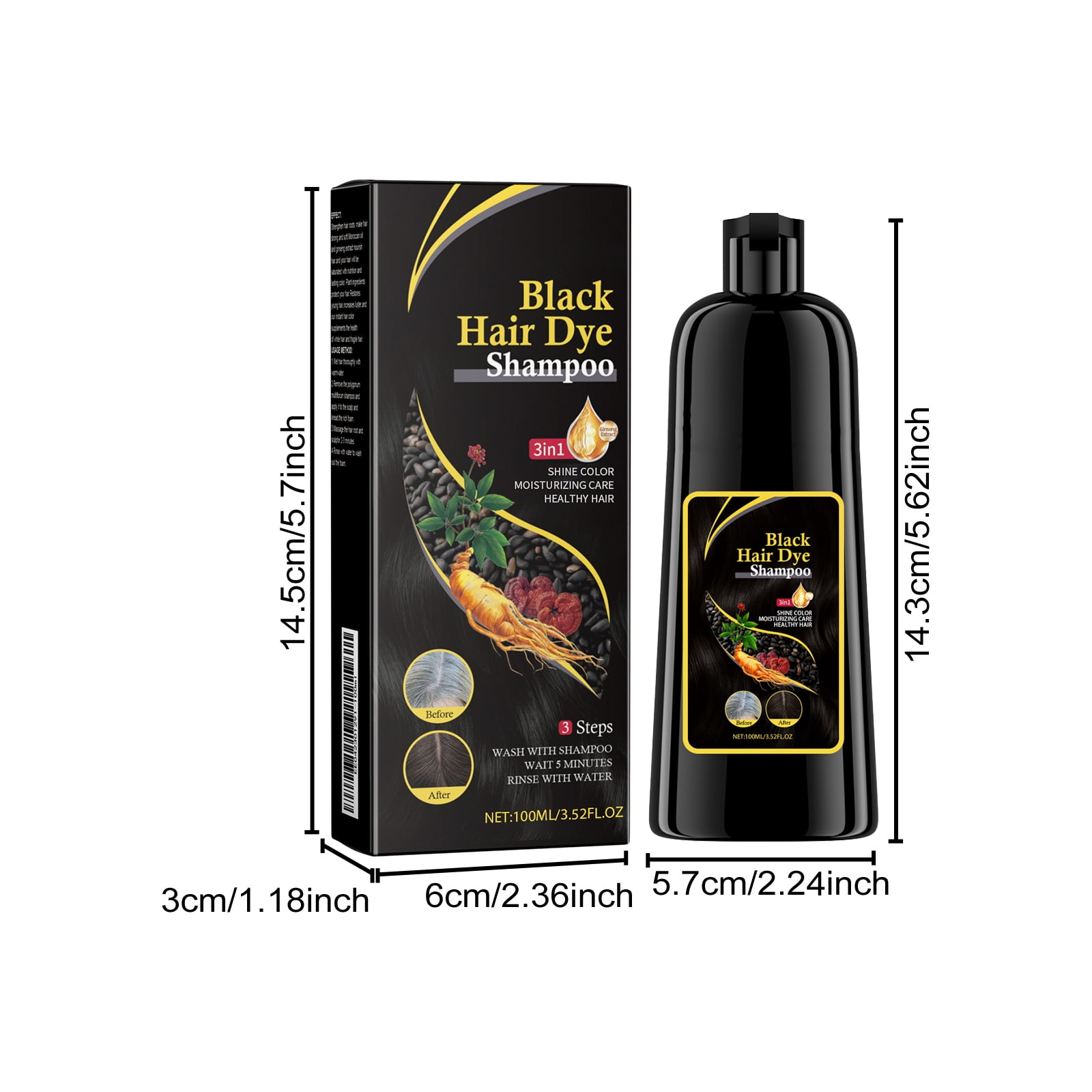 Alvantor 3 in 1 Black Hair Dye Shampoo, Permanent & Fade-Resistant, Gray Coverage, 3.52fl.oz