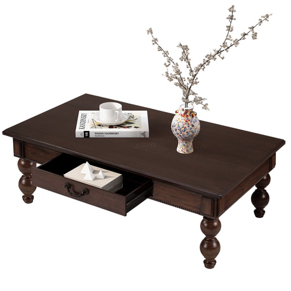 JERFIT Vintage Industrial Coffee Table with Drawer, Farmhouse Storage Cocktail Table with Gourd Legs for Living Room, No-Tools Assembly, Espresso Finish