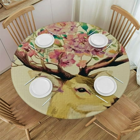 

BCIIG Deer Head Flowers Birds Round Table Cover Stain Resistant & Washable- Perfect for Indoor/Outdoor Use Kitchen Dining Wedding Parties - Elastic Edge 100% Polyester Fiber 46 -50