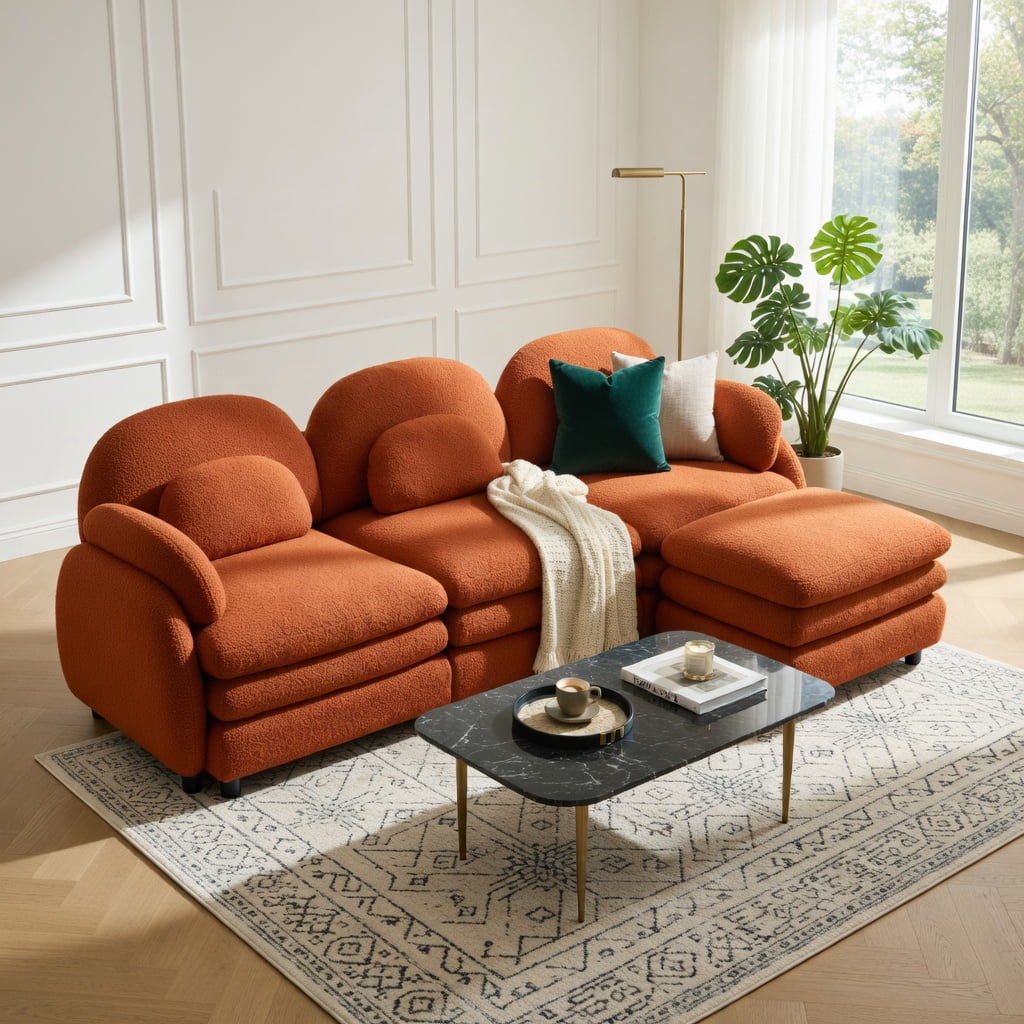 Hommoo Teddy Fleece 2-Seat Modular Loveseat Sofa with Movable Ottoman, Cloud-Like Double-Layer Cushions & Curved Lumbar Pillows, Orange