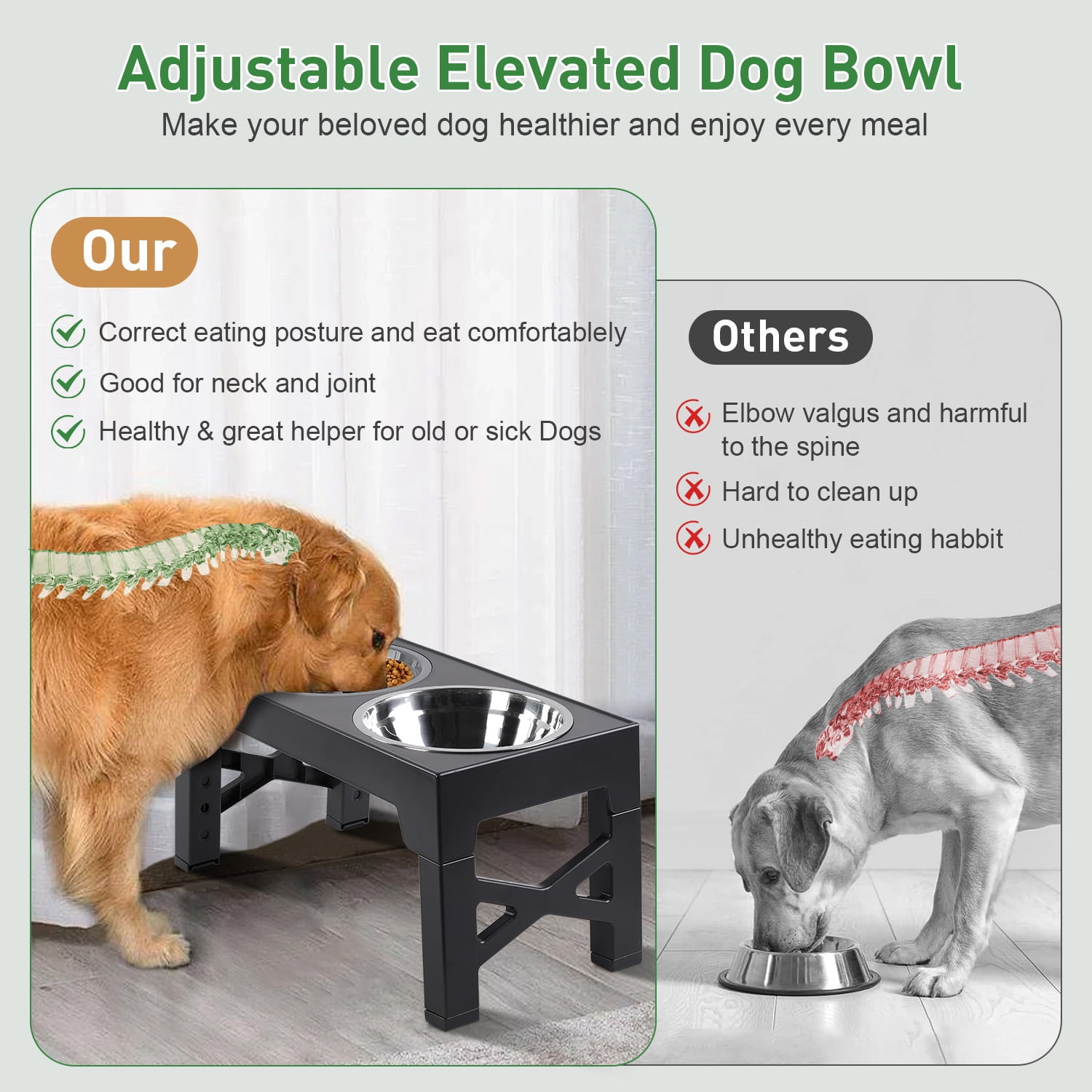 MOONORAH Elevated Dog Bowls, 2 in 1 Adjustable Raised Dog Bowl Stand with Stainless Steel Dogs Food Bowl & Slow Feeder Dog Bowls, 5 Heights for Small Medium Large Dogs Pets with Non-Slip Feet