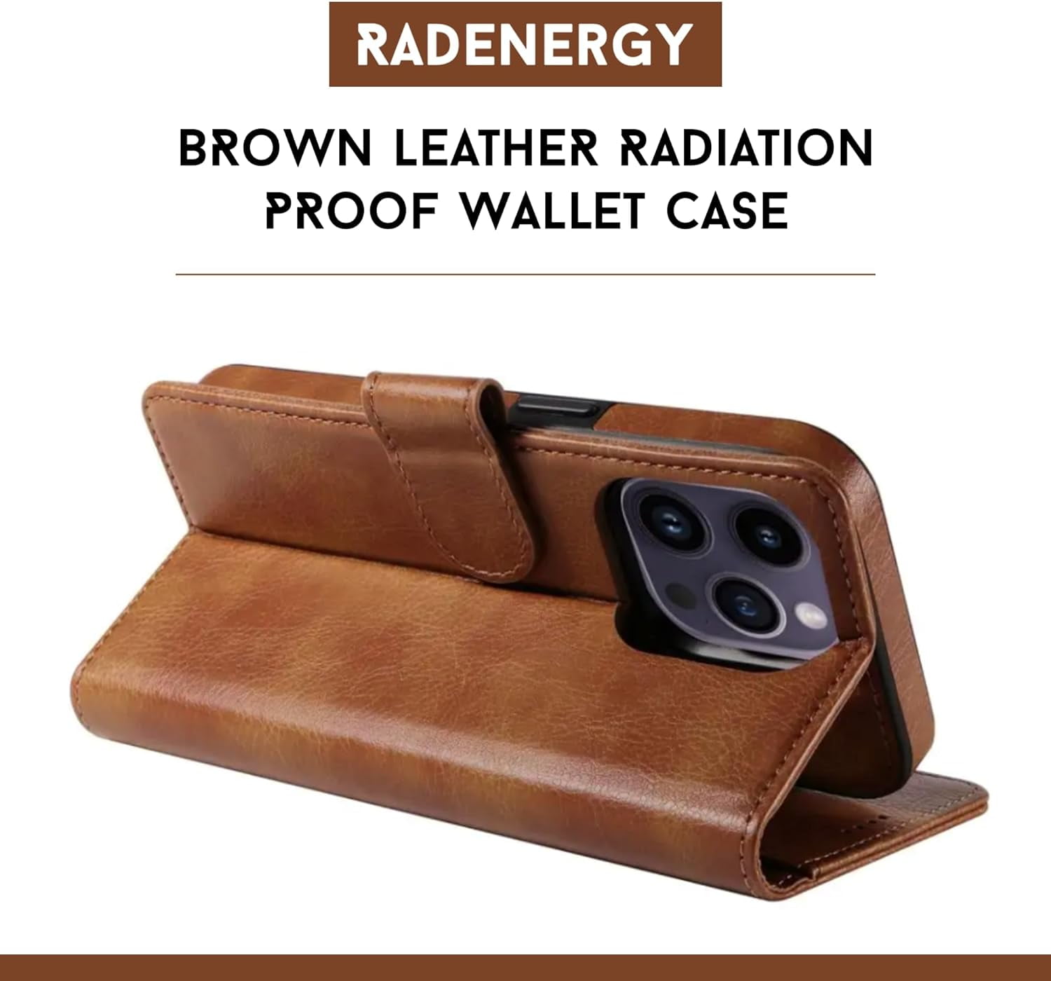 RadEnergy Leather Case with EMF Protection for iPhone 15 Pro with Card Holder & Stand, Brown