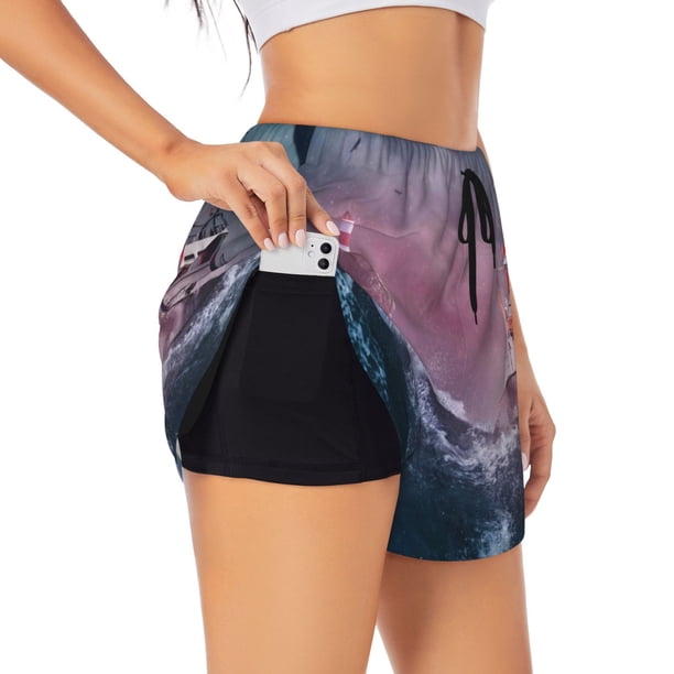 Balery Boat Lighthouse Storm Waves Pantalones cortos deportivos para mujer con forro y dos bolsillos, elásticos, para entrenamiento, gimnasio, yoga-X-Large