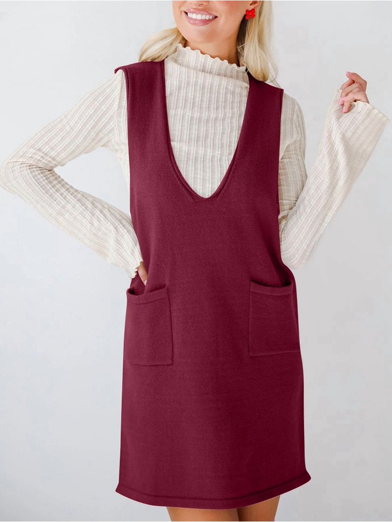 red short sweater dress Women Long Sleeve Ribbed Knit Short Dresses Fall Winter V Neck Casual Swing A Line Sweater Dress Brick Red L