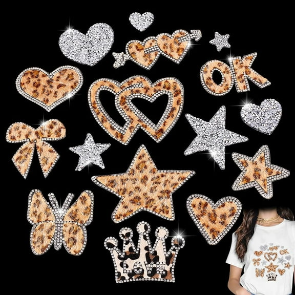16 Styles Leopard Rhinestone Iron On/Sew On Patches Heart Star Bowknot Iron on Sew on Decorative Emblem Embroidered Badge Motif Applique Patch