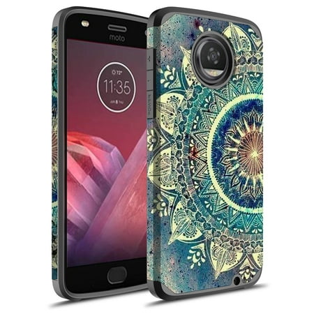 Moto Z2 Play Case, Moto Z Play (2nd Gen.) Case, Rosebono Hybrid Dual Layer Shockproof Hard Cover Graphic Fashion Cute Colorful Silicone Skin Case for Moto Z2 Play - Green Mandala