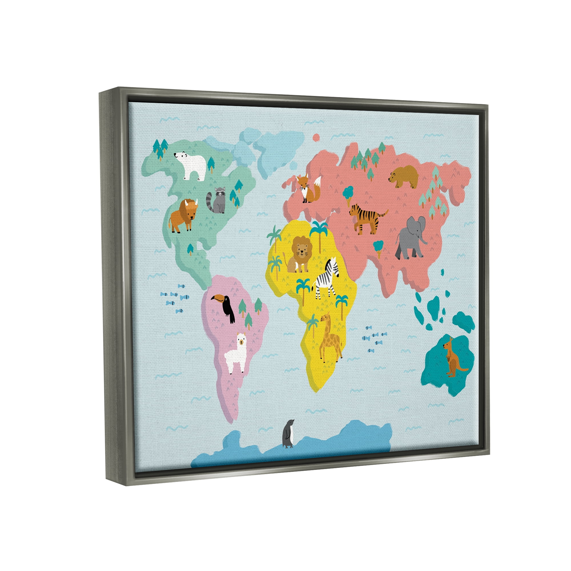 Stupell Industries Whimsical Wildlife World Map Travel & Places Painting Gray Floater Framed Canvas Art Print Wall Art, 31 x 25