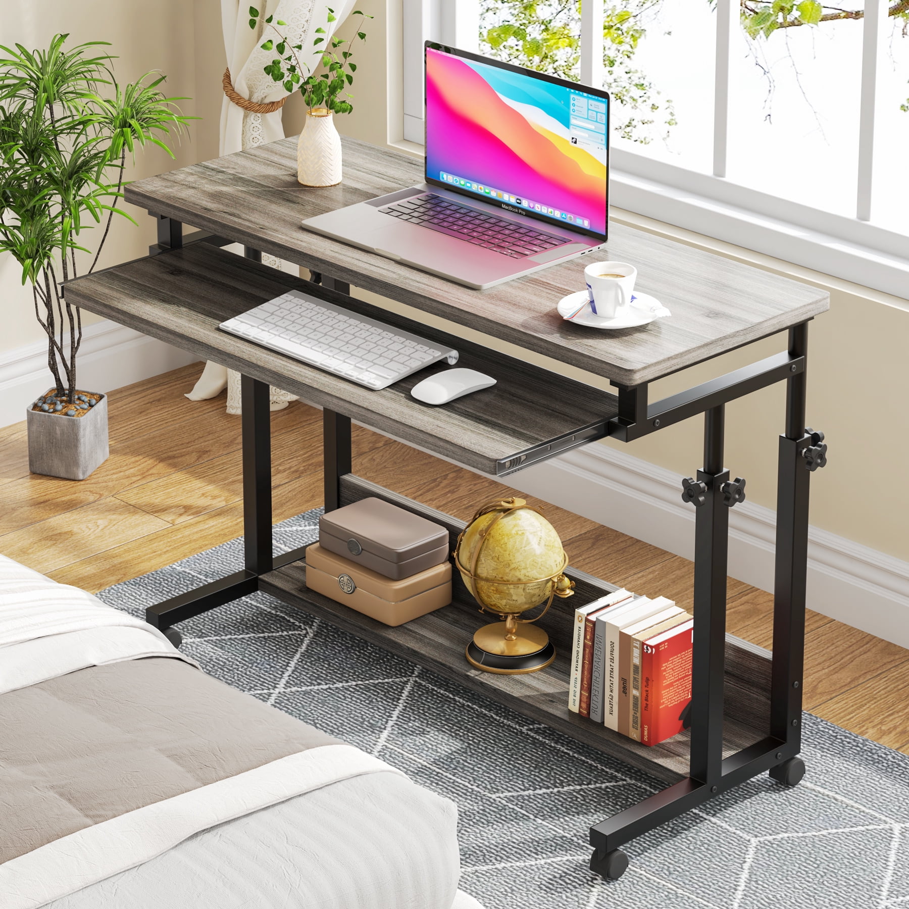Tribesigns Portable Desk with Keyboard Tray, Height Adjustable Mobile Laptop Table Small Standing Desk with Wheels, Gray