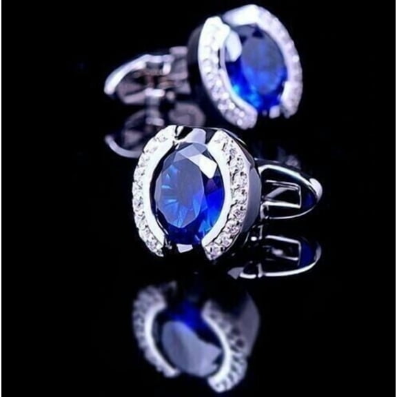 4Ct Round Cut Lab-Created Blue Sapphire & Diamond Engagement Men's Stylish Cufflinks 14K White Gold Plated 925 Sterling Silver