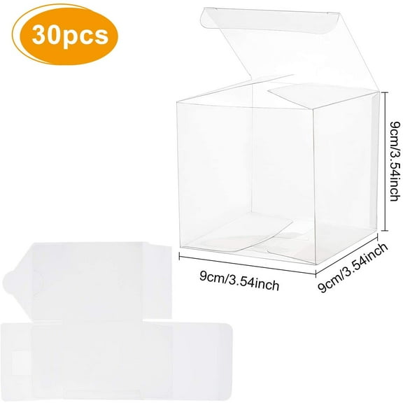 30Pcs 3.5x3.5x3.5 Clear Plastic Favor Box with 2 Rolls 10mm Wide Gold and Silver Glitter Ribbons