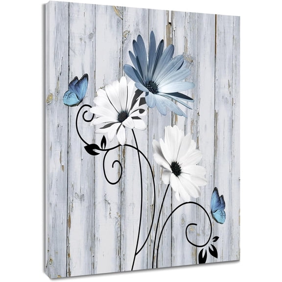 Aaheei Blue Floral Wall Art for Living Room, Rustic Daisy Flower and Butterfly on Rustic Boards Canvas Wall Art Farmhouse Artwork Ready to Hang for Bedroom Bathroom Wall Decor 11x14