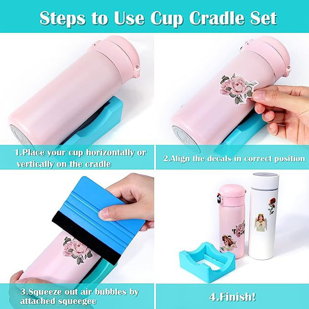 Silicone Cup Cradle with Built-in Slot for Crafts Use to Apply Vinyl Decals  for Tumblers, Small Stand Cup Holder with Felt Edge Squeegee for  Bottles（Cyan)
