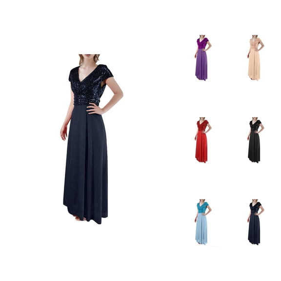 formal Gowns and Evening Dresses Midi Dresses for Women Summer V Neck Sequined Chiffon Panel Evening Gown Long Dress Elegant Evening Dress Fashion Party Bridesmaid Dresses