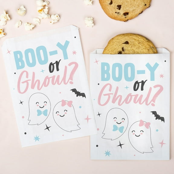 Big Dot of Happiness Boo-y or Ghoul Paper Treat Bags, Gender Reveal Individual Candy Snack Favors, Greaseproof White Sandwich Cookie Bags - 25 Count