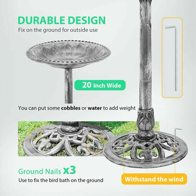 Antique 28 in Outdoor Garden Bird Baths & Solar Powered Round Pond Fountain Set