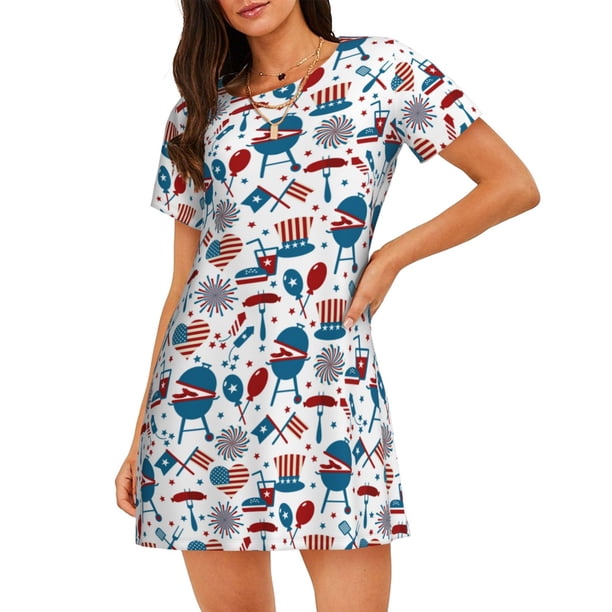 Disketp Fourth Of July Party para Camisón Corto de Manga Corta para Mujeres, Camisón Cómodo con Escote Redondo, Bonito y Confortable