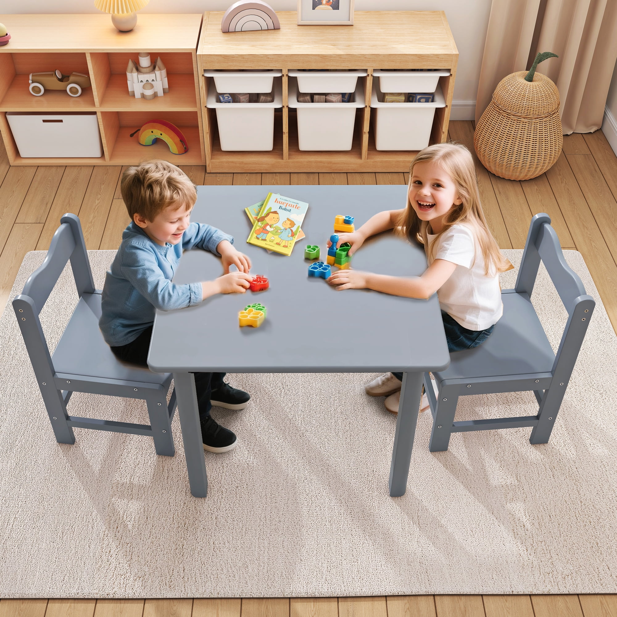 UNICOO® Wooden Kids Table and Chairs Set – 3-Piece Hard Wood Toddler Table with 2 Chairs – Playroom & Classroom Kids Desk and Chair Set for Arts, Crafts, Reading, Snacks (Gray)