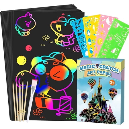 Scratch Paper Art Set for Kids: 60 Pcs Magic Black Scratch Off Art Crafts Kits Colorful Drawing Toys for 3-12 Year Old Girls Boys Halloween Party Favor Game DIY Birthday Christmas Gift
