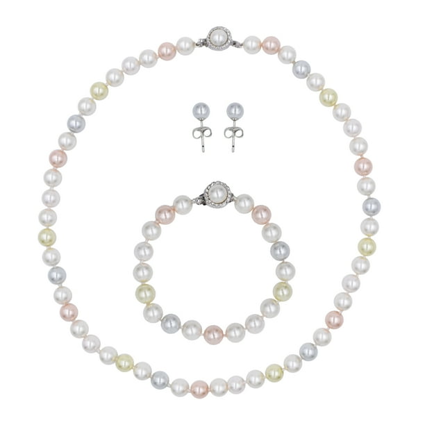 Set 3 Piezas Collar, Pulsera y Aretes Perla de Mallorca 8mm 45cm | Colores Pasteles