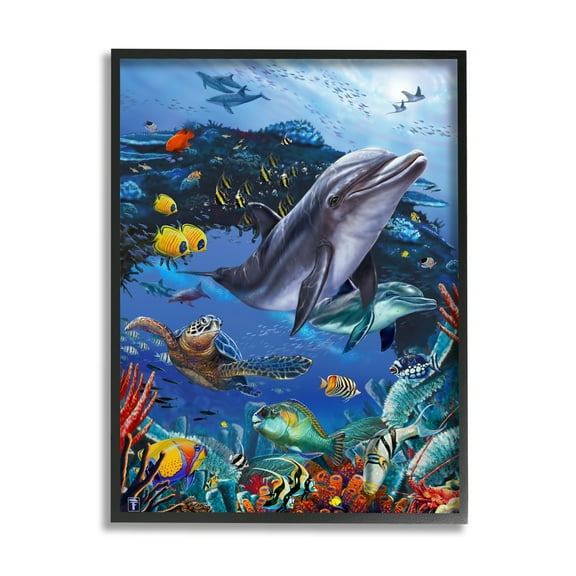 Stupell Industries Vivid Underwater Sea Life Coastal Painting Black Framed Art Print Wall Art