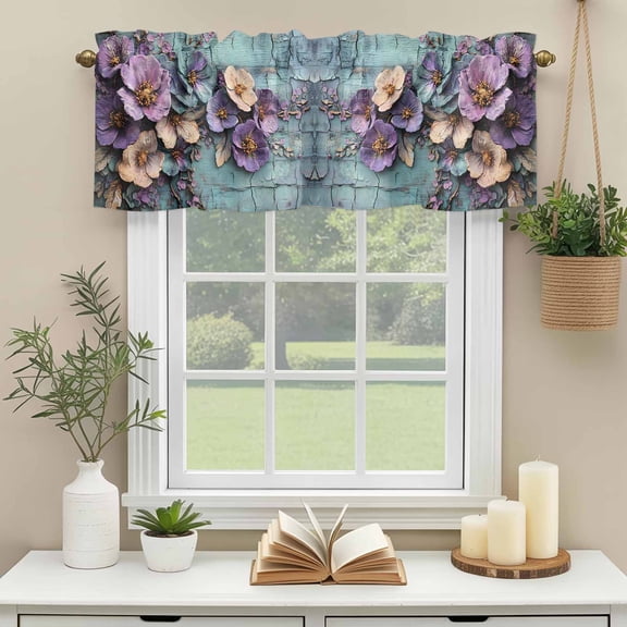 Kitchen Valances for Window, Retro Colorful Flower Light Filtering Rod Pocket Valance Curtain, Pastoral Botanical on Shabby Back Short Curtains Window Topper for Bedroom Bathroom Living Room 54x18in