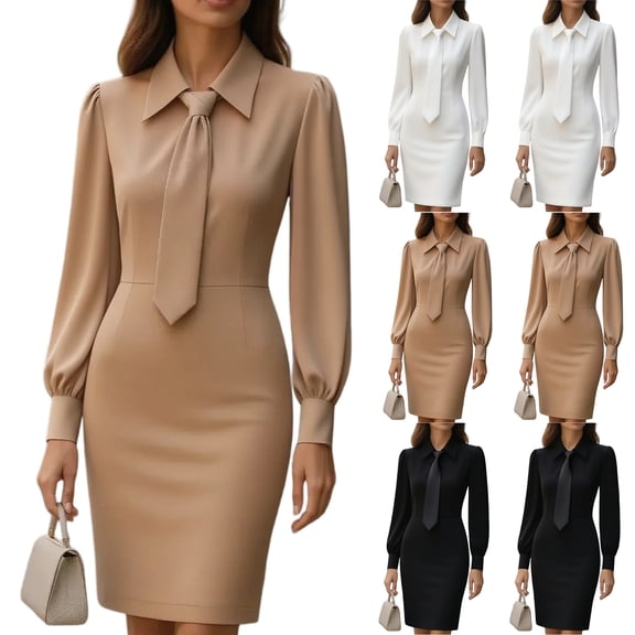 Women's Work Dress Office Dress Long Sleeve Solid Color Waist Defining with Belt Elegant Midi Dress for Commuting Spring Fall,Black,L
