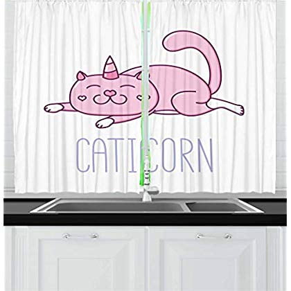 Unicorn Cat Kitchen Curtains Pink Cat With A Horn And Funny Expression Lying Caticorn Cartoon Mascot Window Drapes 2 Panel Set For Kitchen Cafe Decor 55 X 39 White Lilac Walmart Com