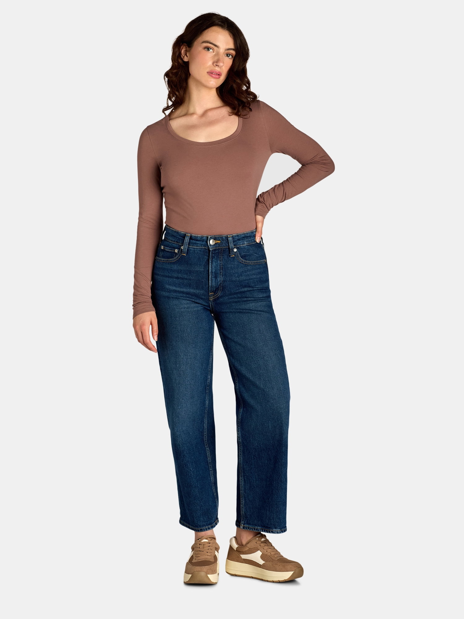 No Boundaries Scoop Neck Everyday Tee with Long Sleeves, 1 and 3 Pack, Women's