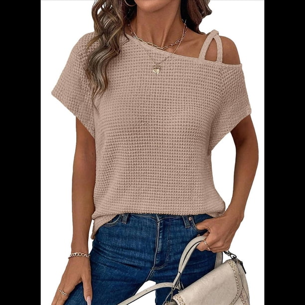 Camiseta Informal de Verano para Mujer, de Corta, con Hombros Descubiertos y Tejido Gofre, Color Caqui M