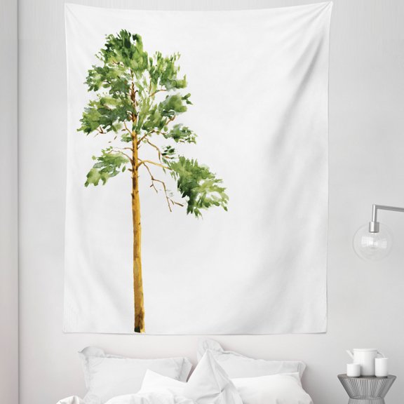 Tree Tapestry, Aquarelle Sketch of Wild Nature Forest Element Painting Long American Pine, Fabric Wall Hanging Decor for Bedroom Living Room Dorm, 5 Sizes, Pale Coffee Fern Green, by Ambesonne