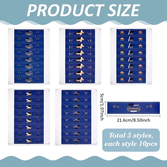 50pcs Graduation Water Bottle Labels 5 Styles Congrats Grad Bottle Stickers Adhesive Waterproof Blue 8.5x2.5inch