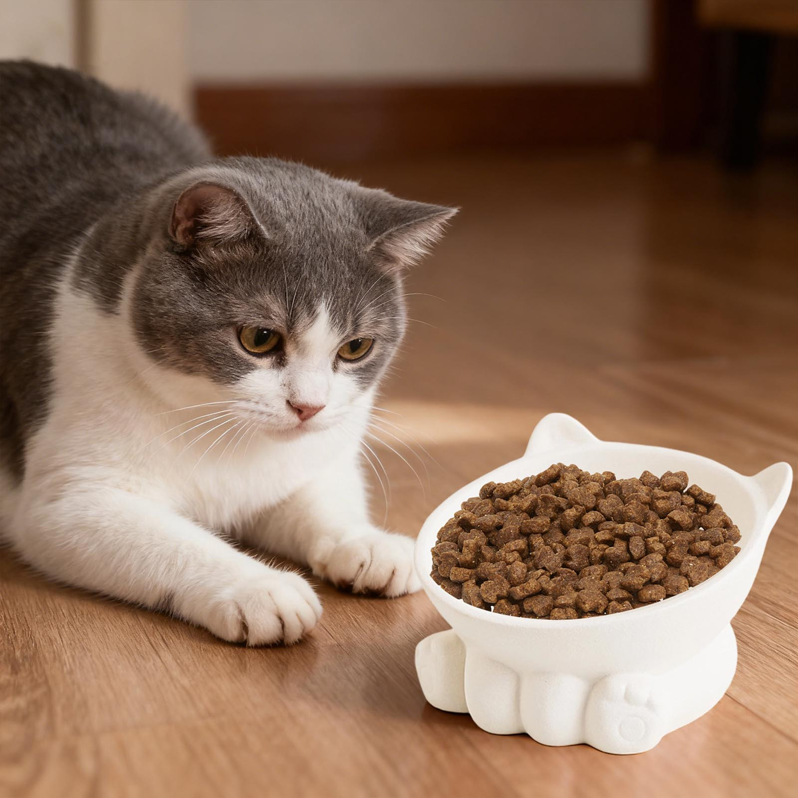 Cute Anti-Choke Cat Bowl with Cervical Spine Protection, Non-Spill and Non-Tip Design, Prevents Black Chin, Ceramic Material