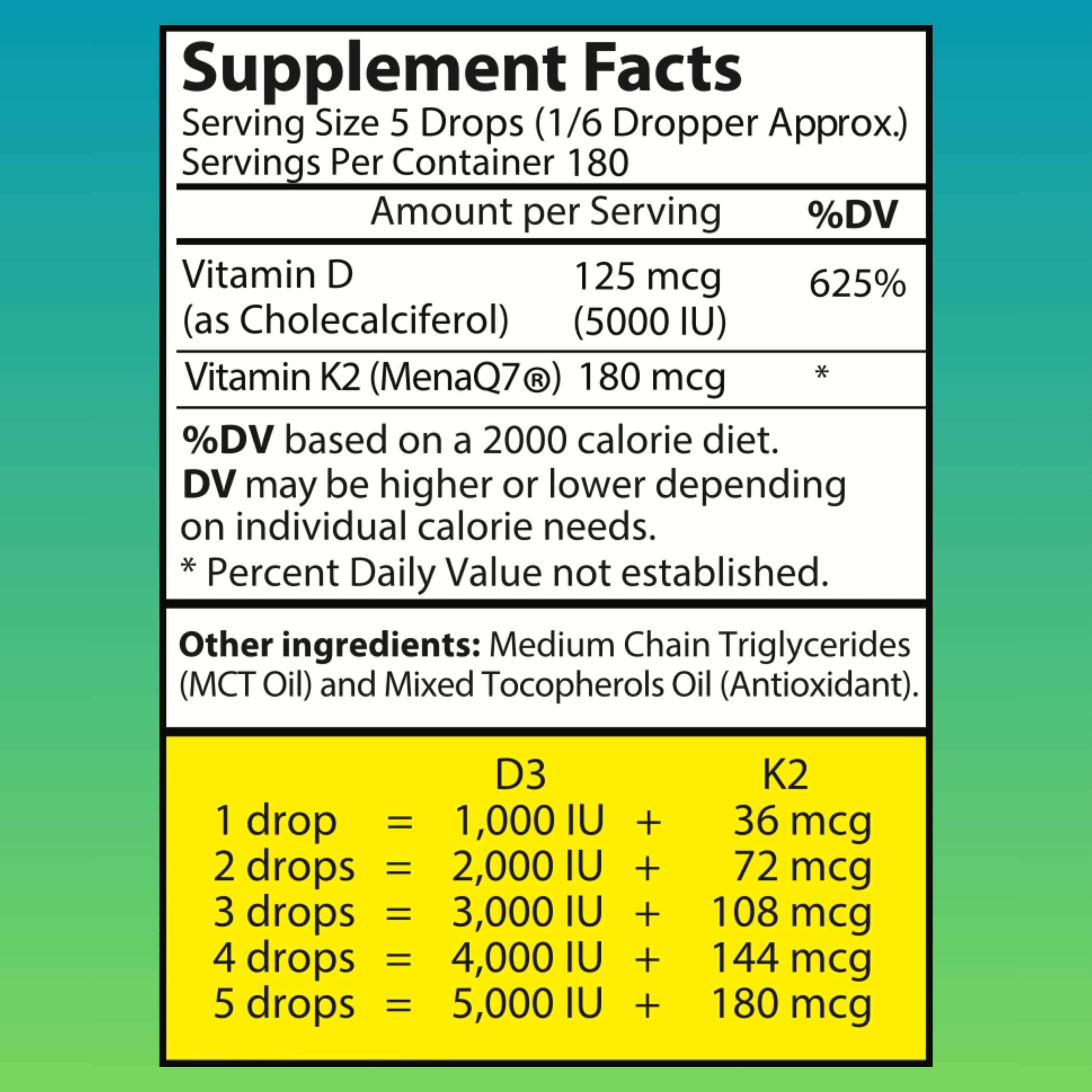 Liquid Vitamin D3 K2 Drops with MCT Oil 5000 IU - Vegan, No Taste, No Odor, Soy-Free, Non-GMO, 1000 IU per Drop, Boosts Energy Levels & Immune System, Supports Heart & Bones Health