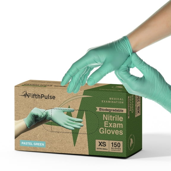FifthPulse Biodegradable Disposable Nitrile Gloves, 3 Mil Medical Exam Gloves - XS - 150 Count - Pastel Green