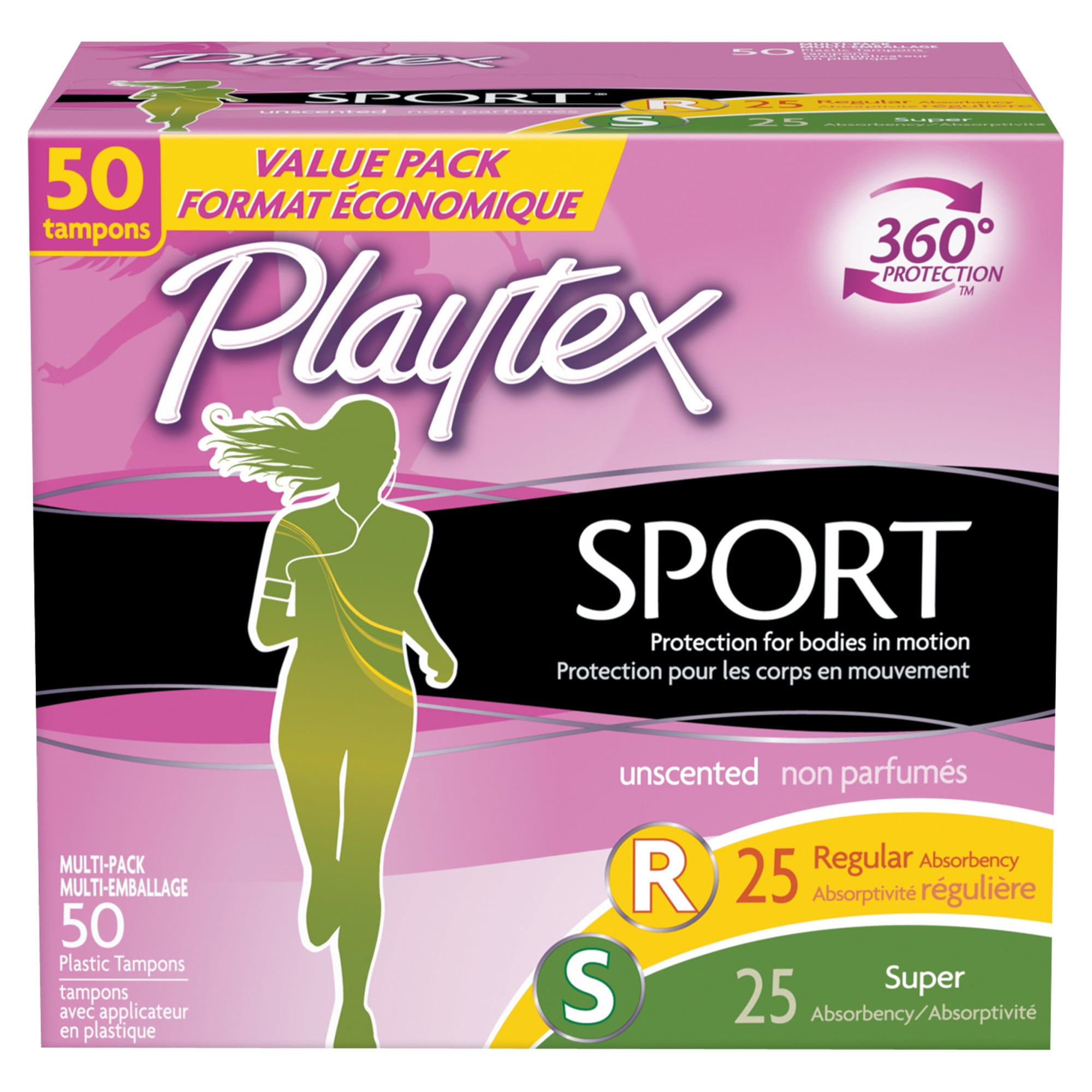 Playtex Sport Plastic Tampons, Regular/Super, Unscented, 50 Ct