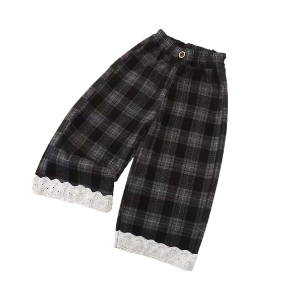 Edvintorg Girls Pants Winter 2026 Fashion Plaid Elastic Wasit Lace Wide Leg Baggy Pants Kids Clothes Girls 1-14 Years