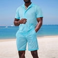 thumbnail image 2 of Men Mesh 2 Piece Outfits See Through Casual Shirts and Shorts Hollow Out Mid Shorts Set Lake Blue XXXL, 2 of 8