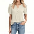 thumbnail image 3 of NAMTYQX Trendy Tops for Women 2025 Stylish Lightweight Graphic Button Vneck Short Sleeve Shirts for Women Khaki Size 2XL, 3 of 5