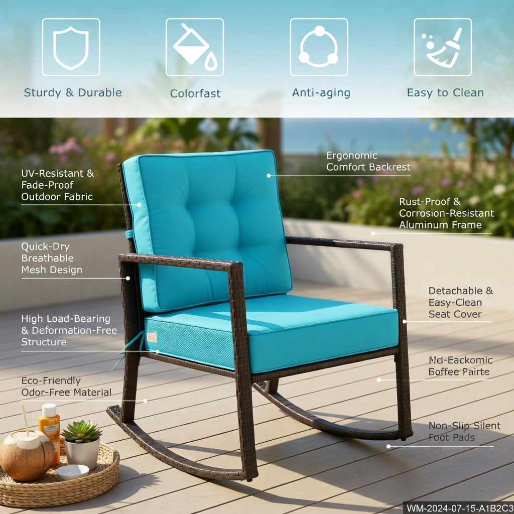 Hommoo Outdoor Rattan Rocking Chair with Thick Tufted Cushions, Weather-Resistant Patio Glider for Deck, Backyard & Garden, Turquoise