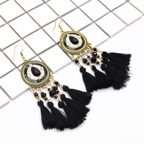 Pendientes Étnicos largos Con flecos Salvador Boho Aleación Nylon Negro