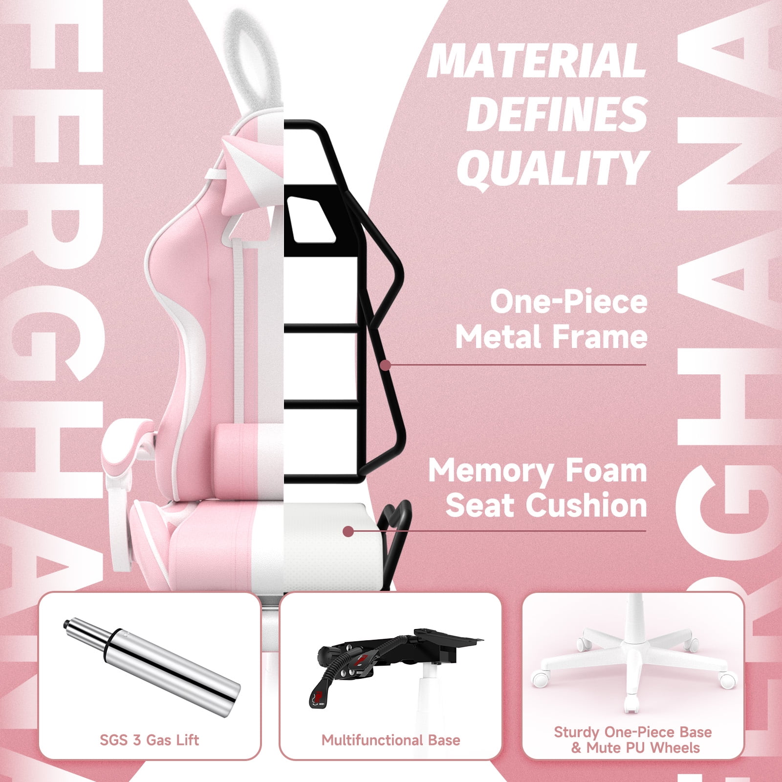 Luxvie Pink Gaming Chair with Footrest High Back Ergonomic Office Gamer Chair with Massage and Headrest Lumbar Support Swivel Computer Game Chair Cute Bunny Ears for Adults
