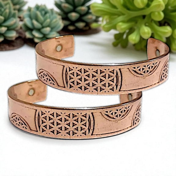Peekdee Unisex Pure Copper Magnetic Bracelet Flower Of Life Pain Relief Cuff 2 Piece
