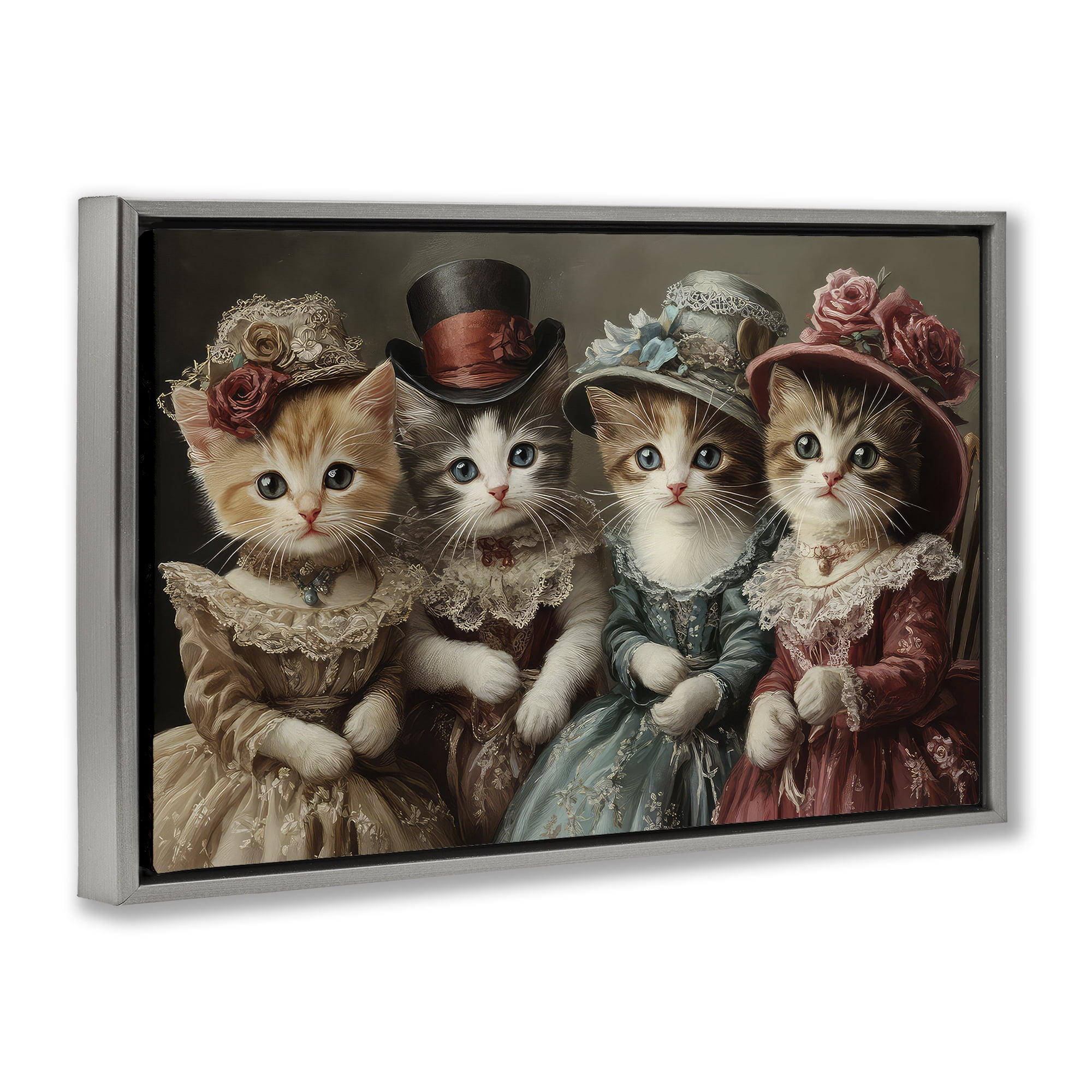 Stupell Industries Vintage Dress Kittens Gray Framed Floater Canvas Wall Art, design by The Wands Want