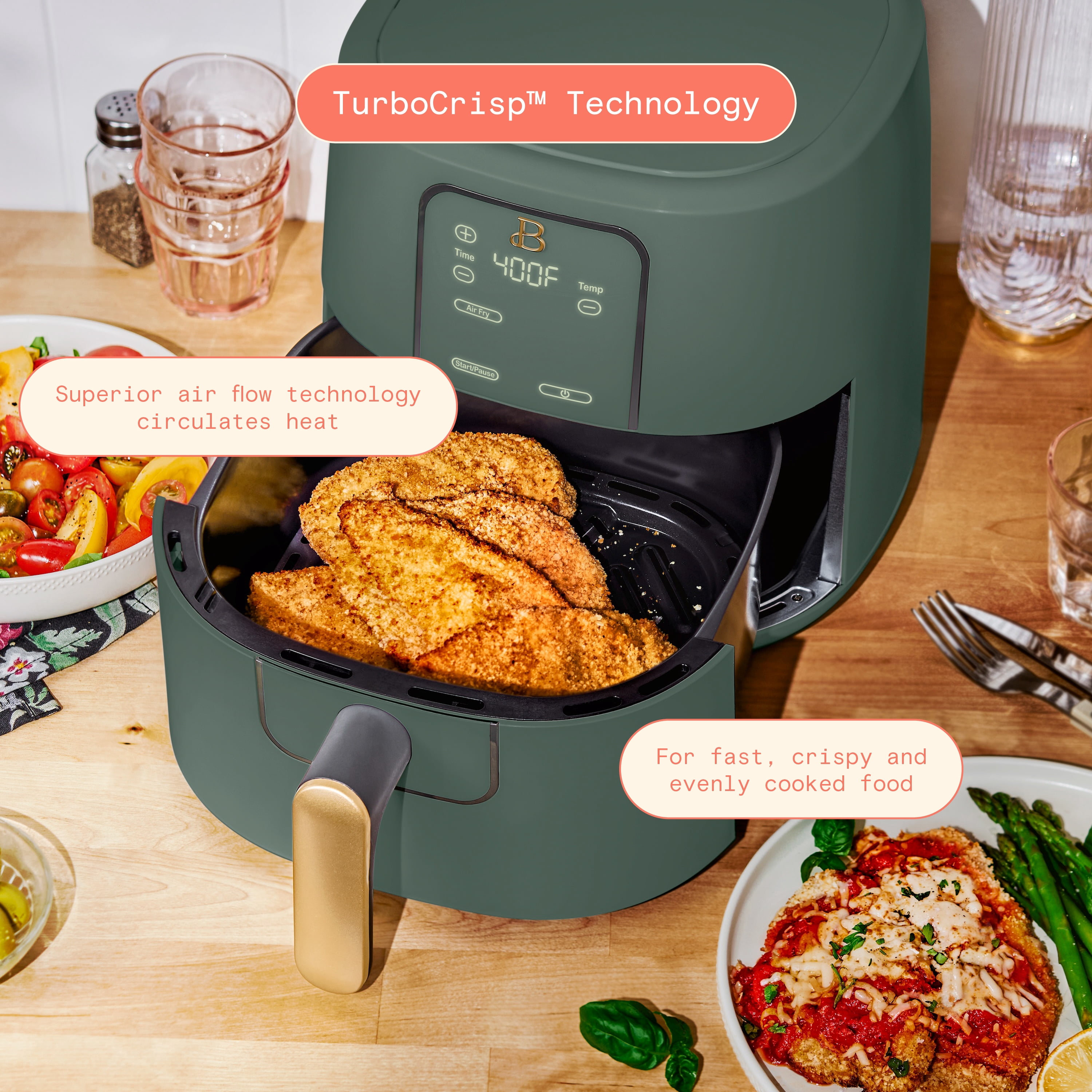Beautiful 6 Qt Air Fryer with TurboCrisp Technology, EverGood Ceramic Nonstick Coating, Thyme Green by Drew Barrymore