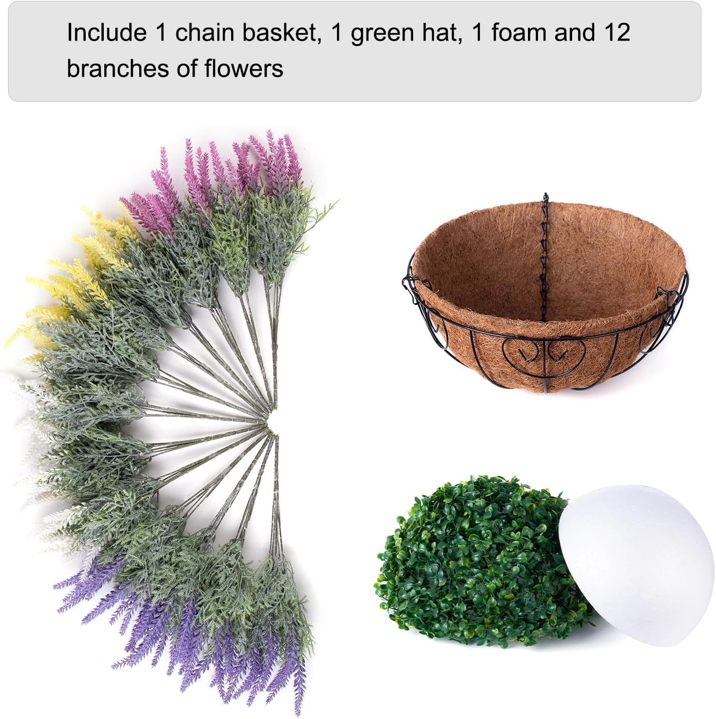 Artificial Fake Hanging Flowers Plants Basket for Outdoor Outside Spring Summer Decoration, Faux Mixed Colorful Lavender in Planter Look Real UV Resistant for Home Patio Porch Balcony Yard
