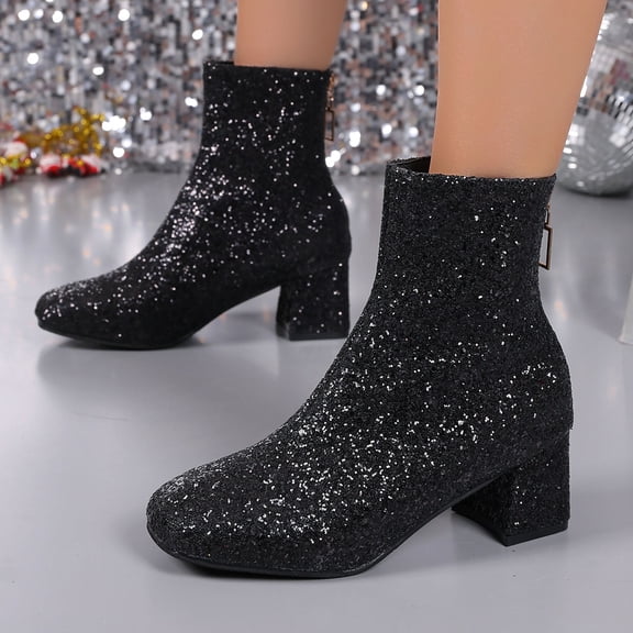 JUSLIO Womens Boots,Chunky Heel Boots Round Toe High Heel Comfort Solid Color Zipper Boots for Women,