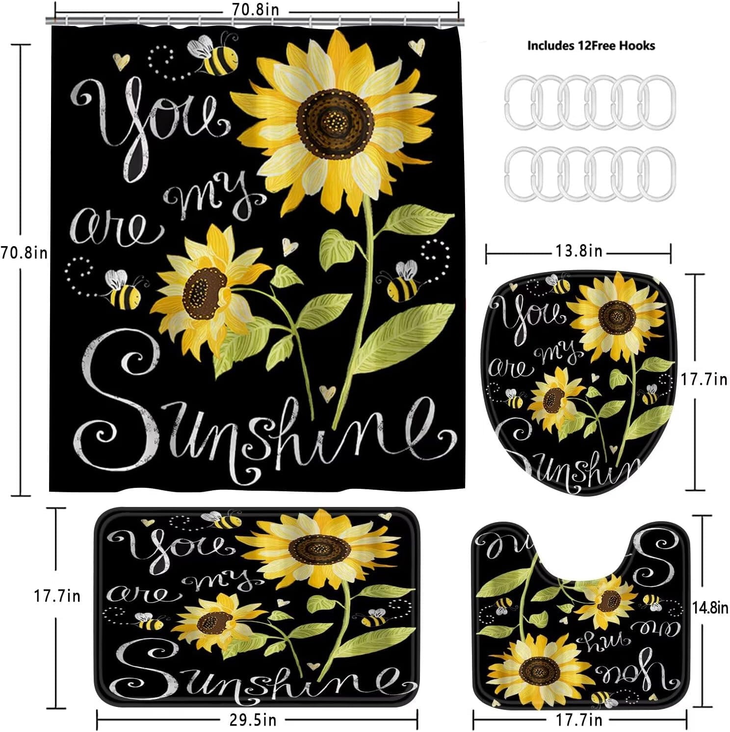 Sunflower Bathroom Sets Decor with Rugs You are My Sunshine Shower Curtain Sets Accessories 4 Piece with Shower Curtain Non-Slip Rug Toilet Lid Cover and Bath Mat and 12 Hooks