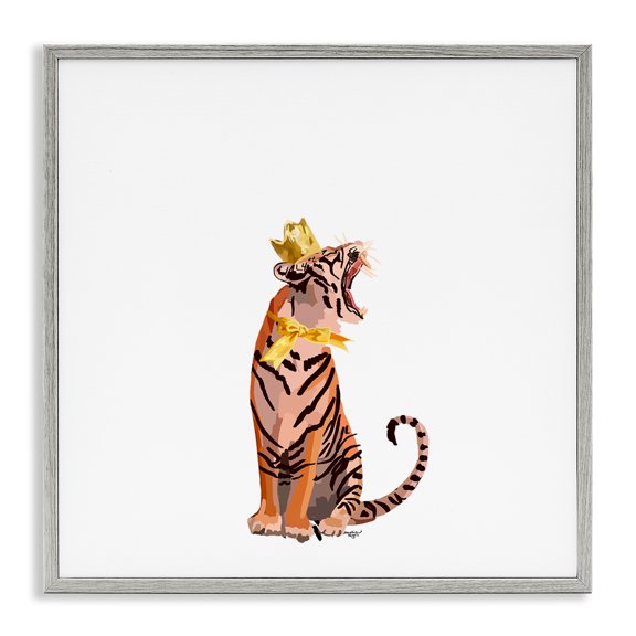 Stupell Industries Cottage Royal Tiger with Crown Gray Framed Giclee Art, 24 x 24, by Amelia Noyes